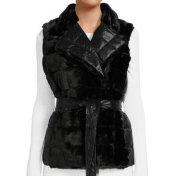 NWOT! DKNY FAUX FUR FRONT TIE WAIST PUFFER VEST - Picture 1 of 5